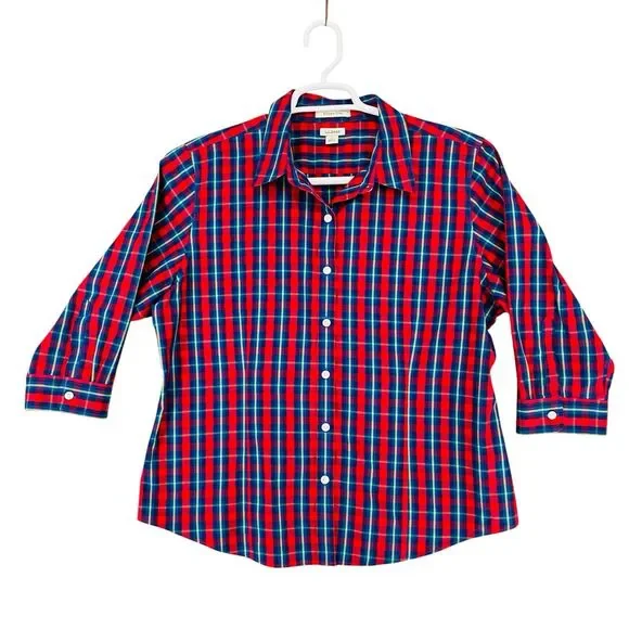 L.L. Bean Blouse Top Shirt Women's L‎ Red Blue Check Wrinkle Free Cotton Top - Picture 5 of 10